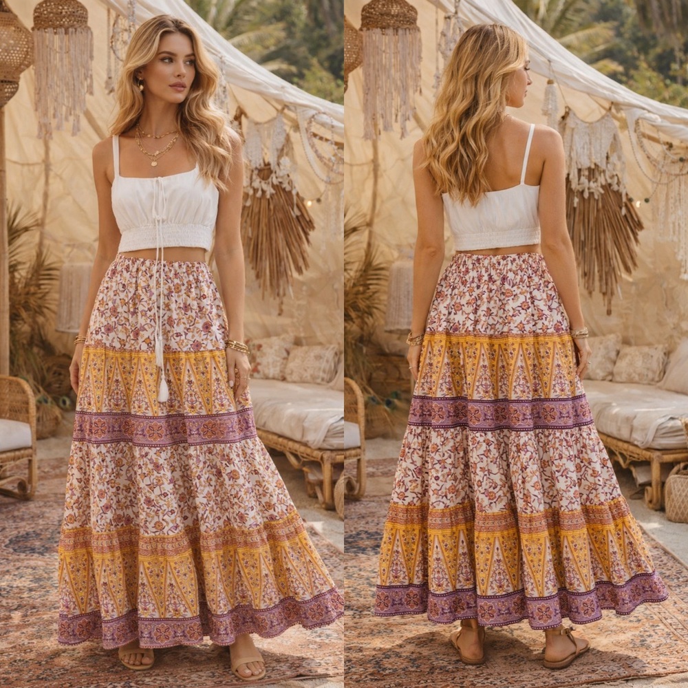 Boho Lavender and Yellow Floral Elastic Waist Maxi Skirt!